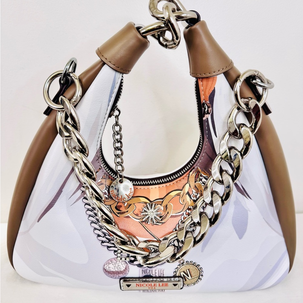 Nicole Lee Brown & White Embellished Chain Shoulder Bag